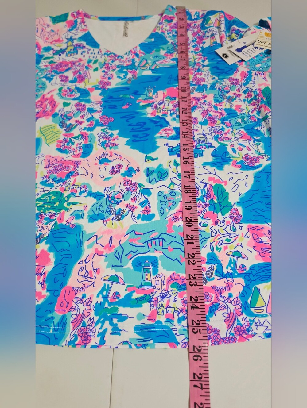 Lulu-B Women Size Large UPF 50+ Cooling Top 3/4 Sleeve V Neck Coastal Print NWT - Picture 13 of 14